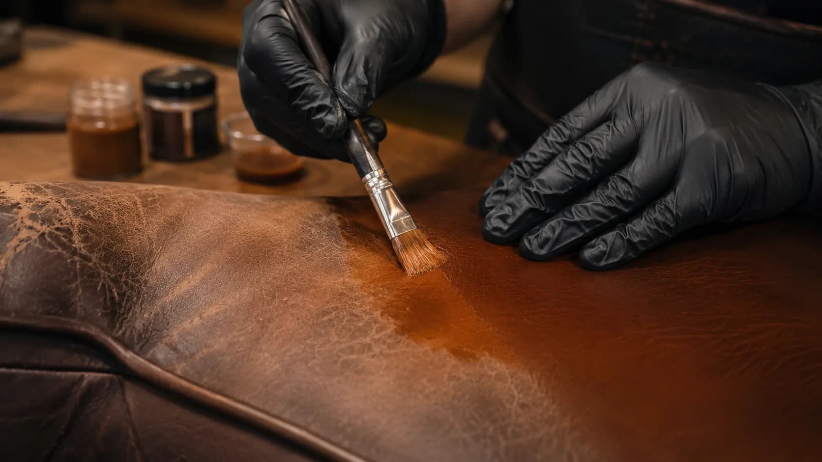 Applying leather dye as part of the Master Leather Craftsman Plus course