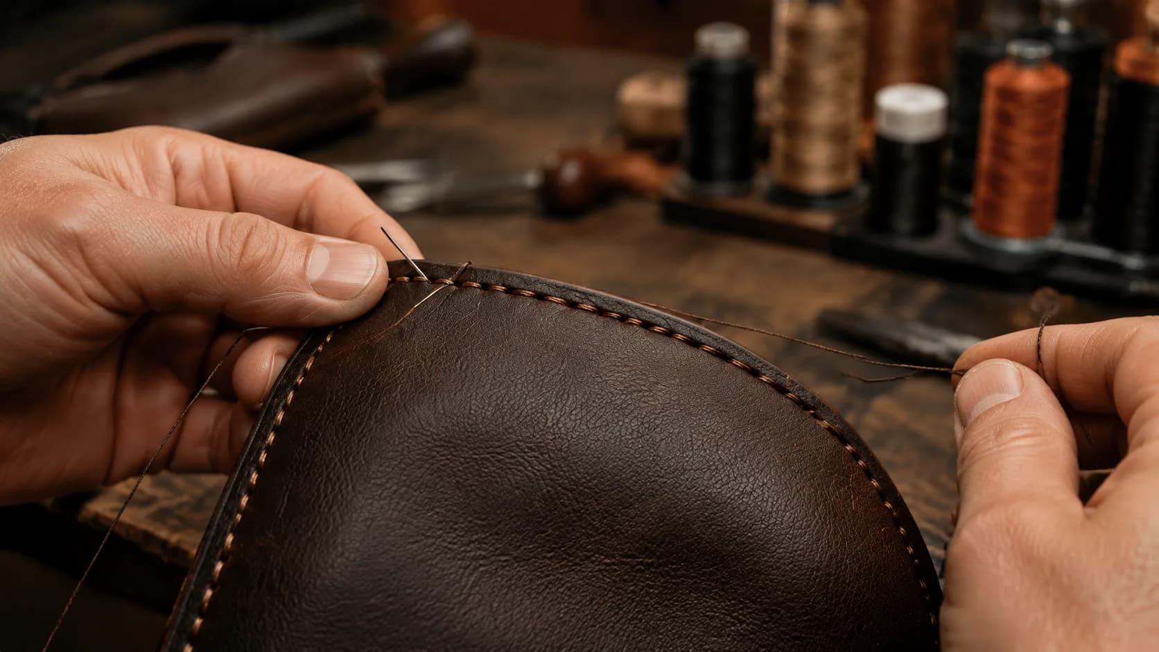 Hand-stitching a leather repair as part of the Master Leather Craftsman course
