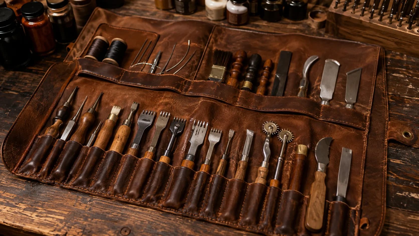Professional leather repair tool roll used in the Advanced Leather Craftsman course