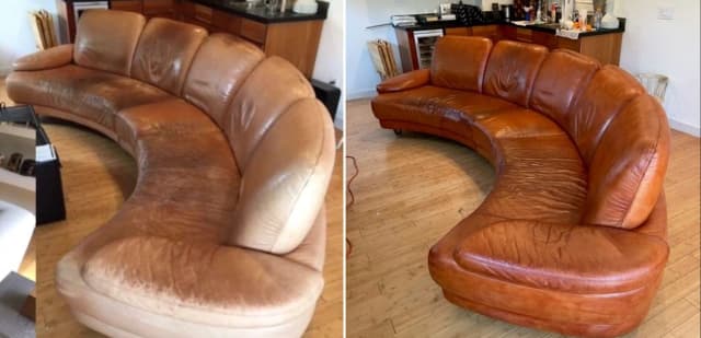 Leather furniture dyeing and reupholstery assessment for a faded leather sofa in San Antonio, Texas.