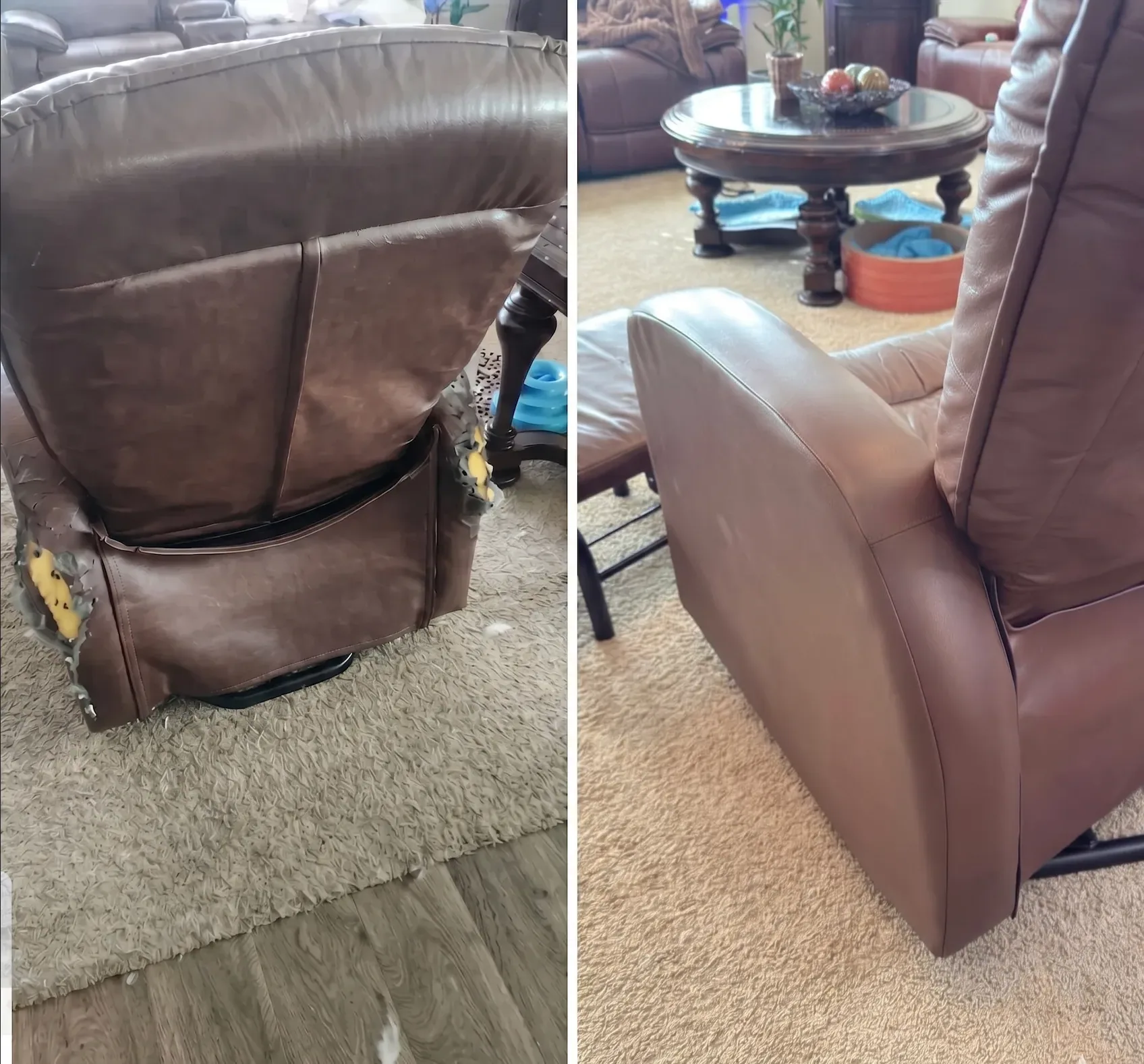 Leather Recliner Partial Reupholstery & Full Restoration