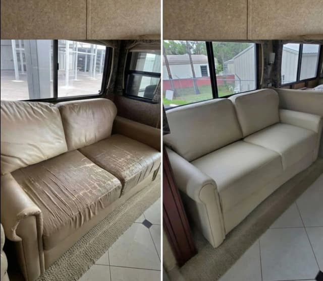 Peeling RV captain’s chair and recliner undergoing professional reupholstery with upgraded durable materials designed for long-term RV use.
