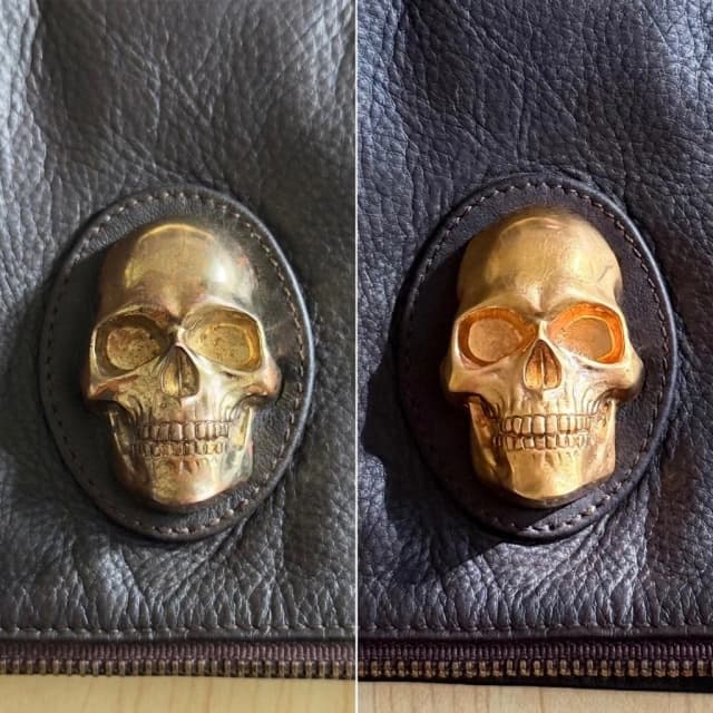 Professional restoration of a luxury designer handbag with repaired scratches, restored color, and refinished leather corners.
