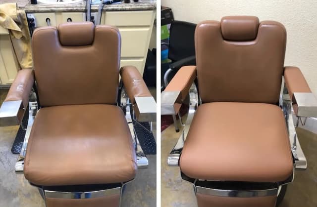 Professionally restored commercial seating in a restaurant and waiting area with repaired upholstery and like-new appearance.