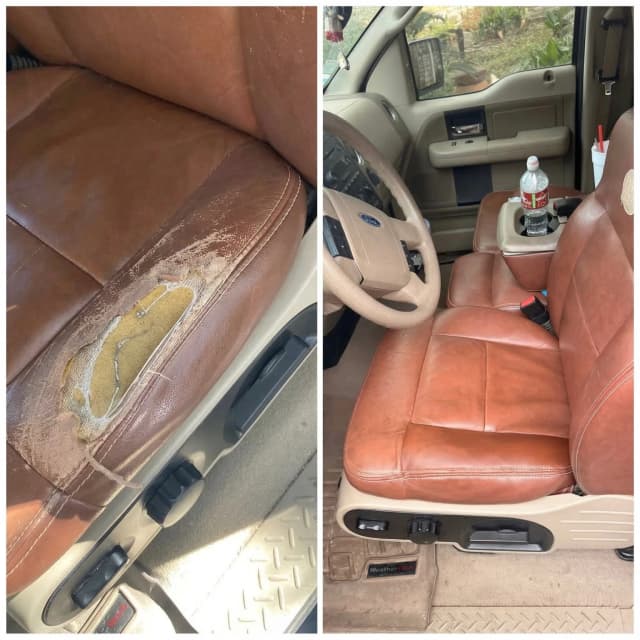 Before-and-after restoration of a cracked leather car seat showing repaired bolsters, restored color, and improved vehicle interior condition for resale.