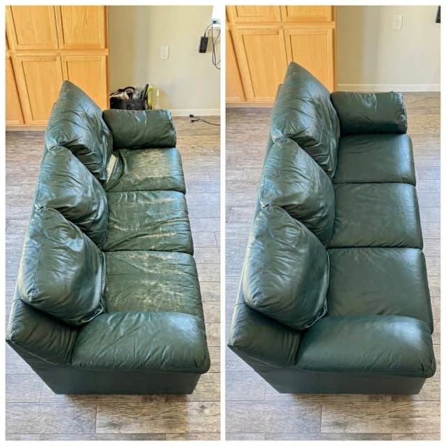 Vintage leather sofa undergoing professional restoration with repaired cushions, restored leather, and reupholstered seating compared to a new replacement couch.