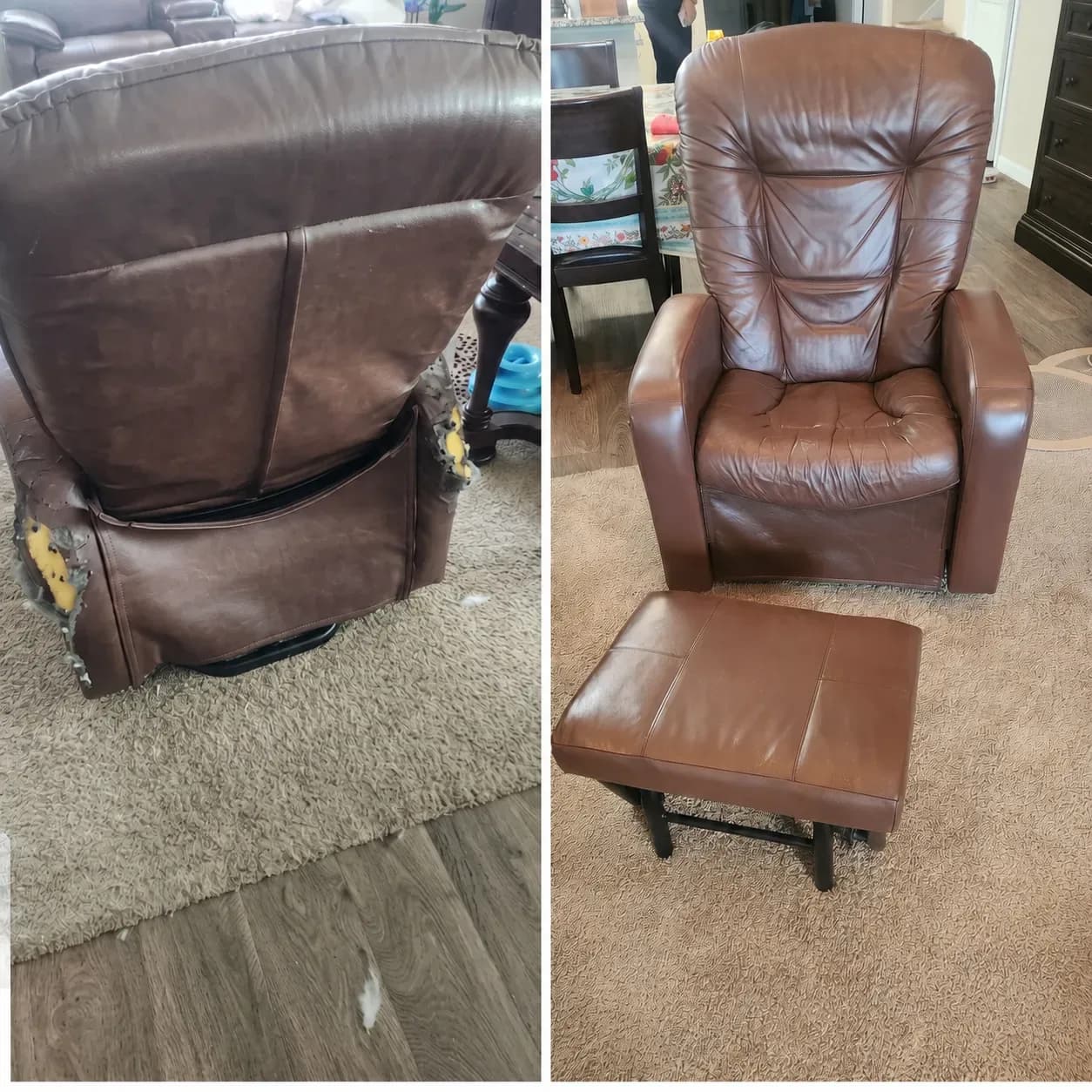 Before and after leather couch scratch repair and color restoration in Austin, TX